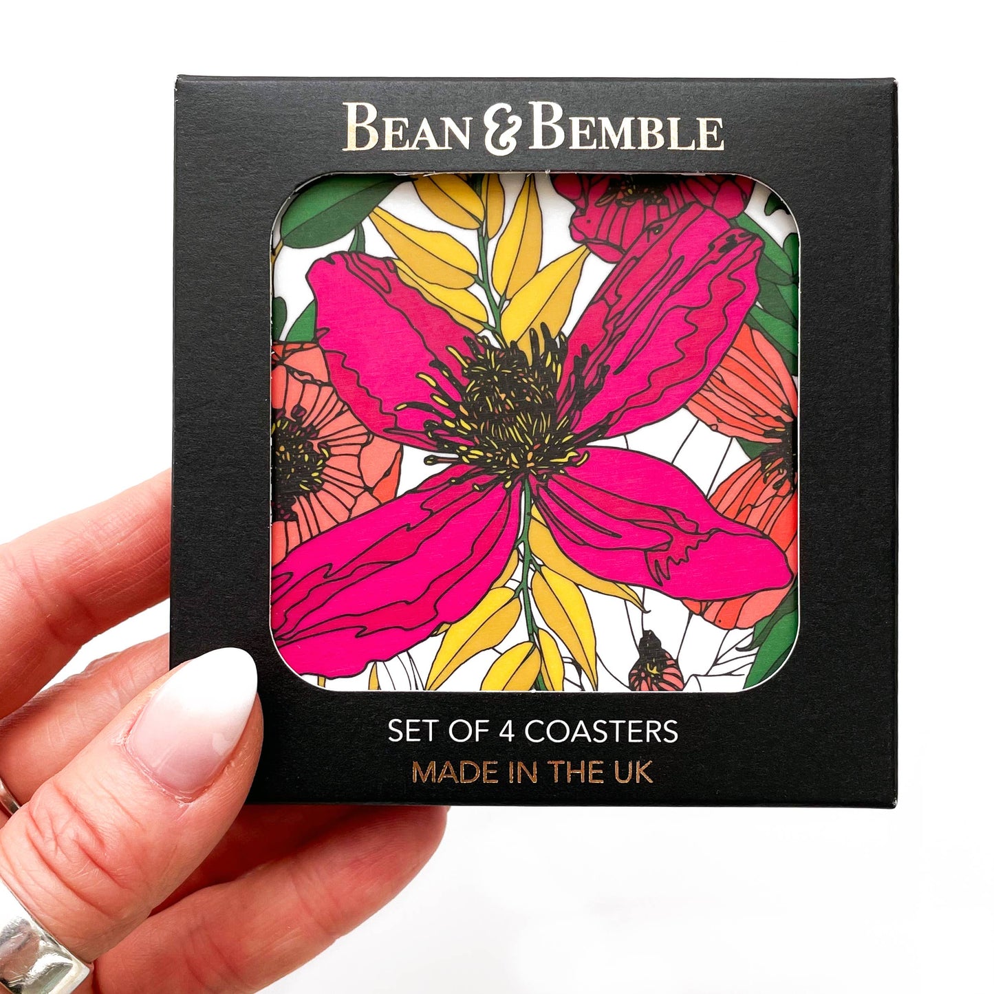 Bean and Bemble Coasters Box Set Round Melamine Wood Vivid Garden Blooms Floral