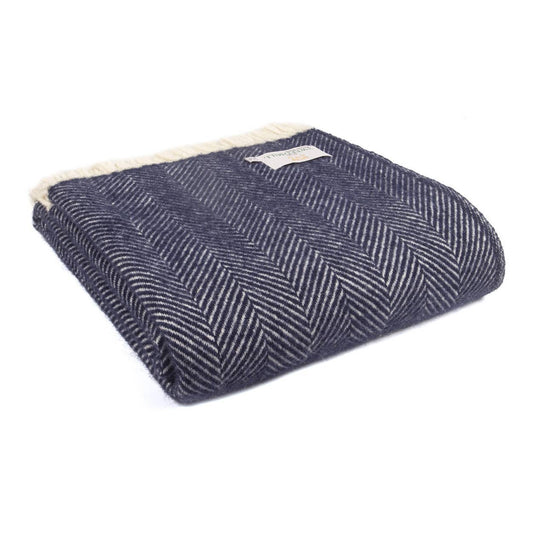 Tweedmill Fishbone Pure New Wool Throw: Navy Herringbone