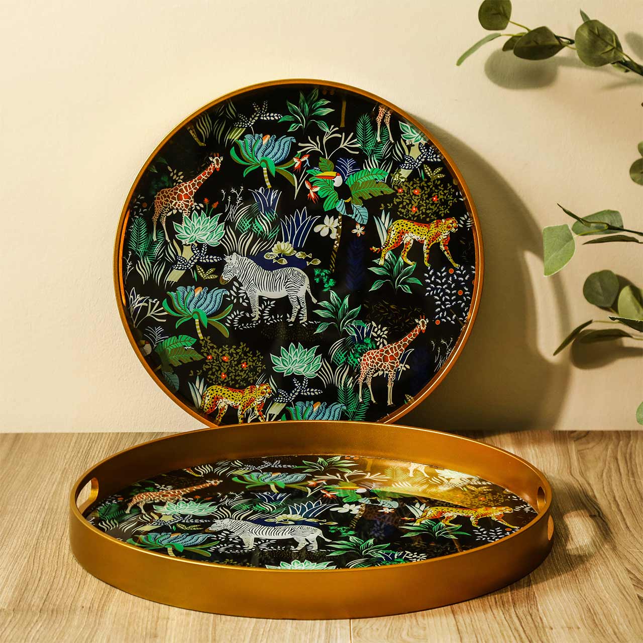 Set of Two Gold Jungle Design Round Trays