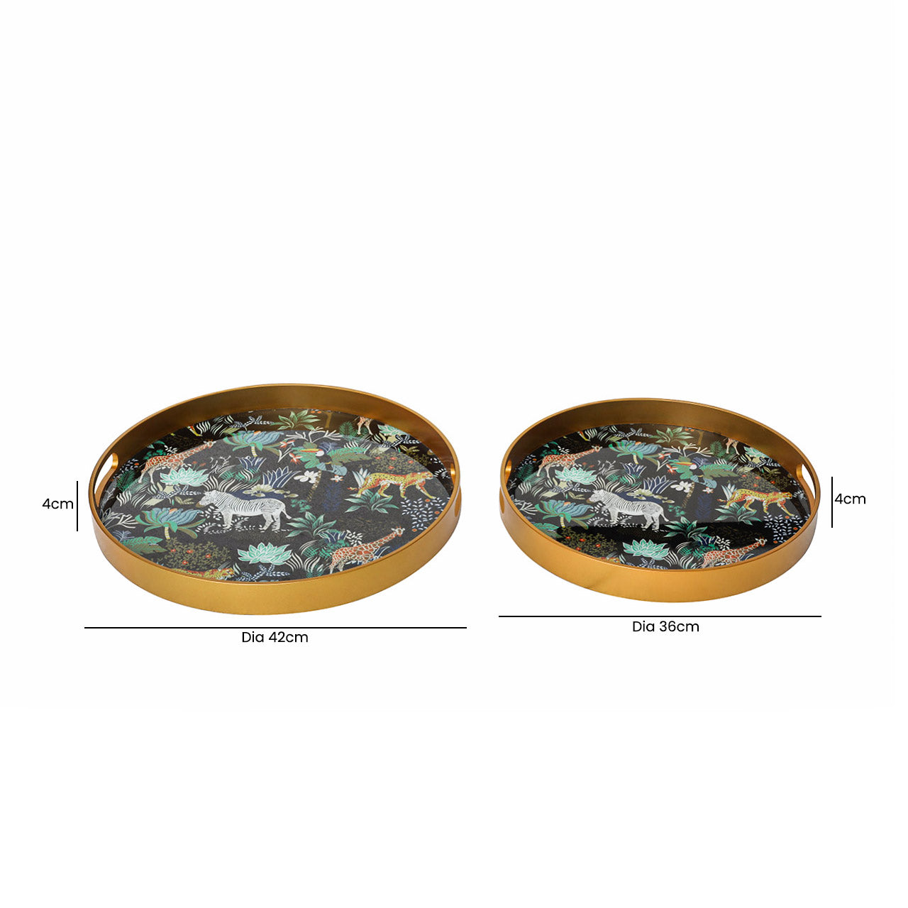 Set of Two Gold Jungle Design Round Trays