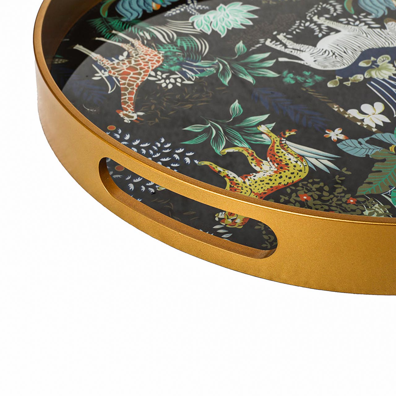 Set of Two Gold Jungle Design Round Trays