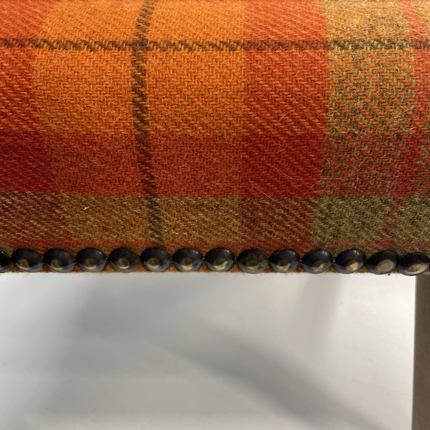 Handcrafted Footstool, Harris Tweed Orange Check Fabric, Beech Wood Legs