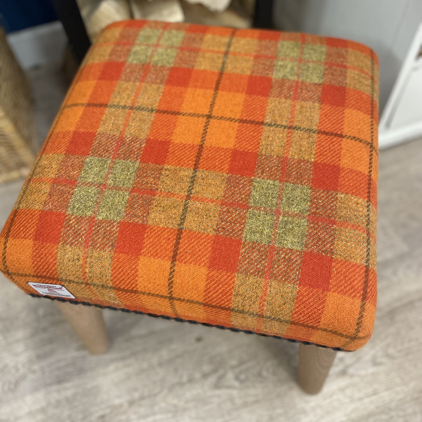 Handcrafted Footstool, Harris Tweed Orange Check Fabric, Beech Wood Legs