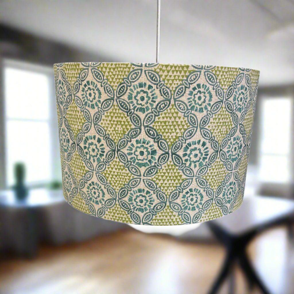 Raspberry Leaf Interiors Handmade Lampshade, 40cm Drum Stardust Opal Fabric