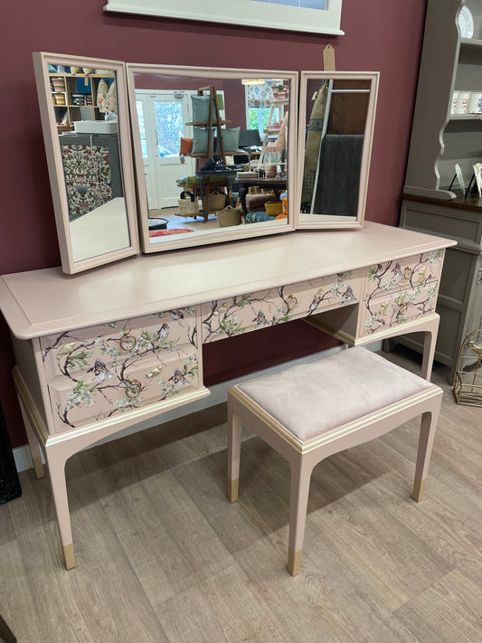 Upcycled Stag Dressing Table and Stool Set Pink Oriental Bird and Blossom Design