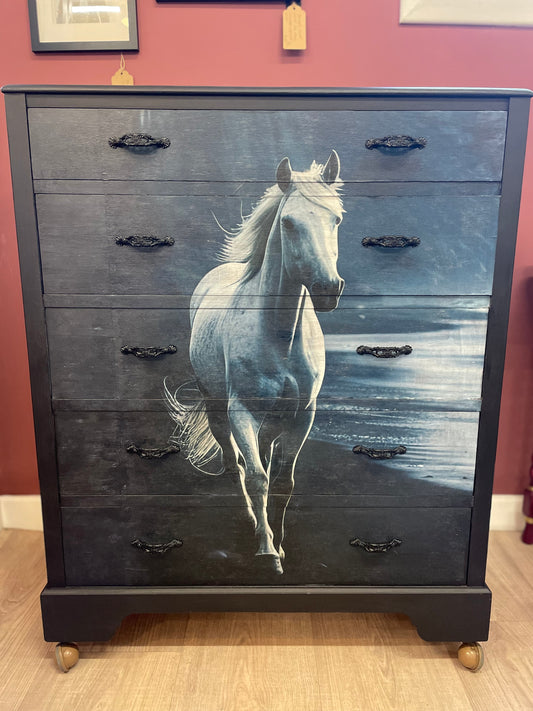 Upcycled Chest of Drawers, Black with White Horse Design