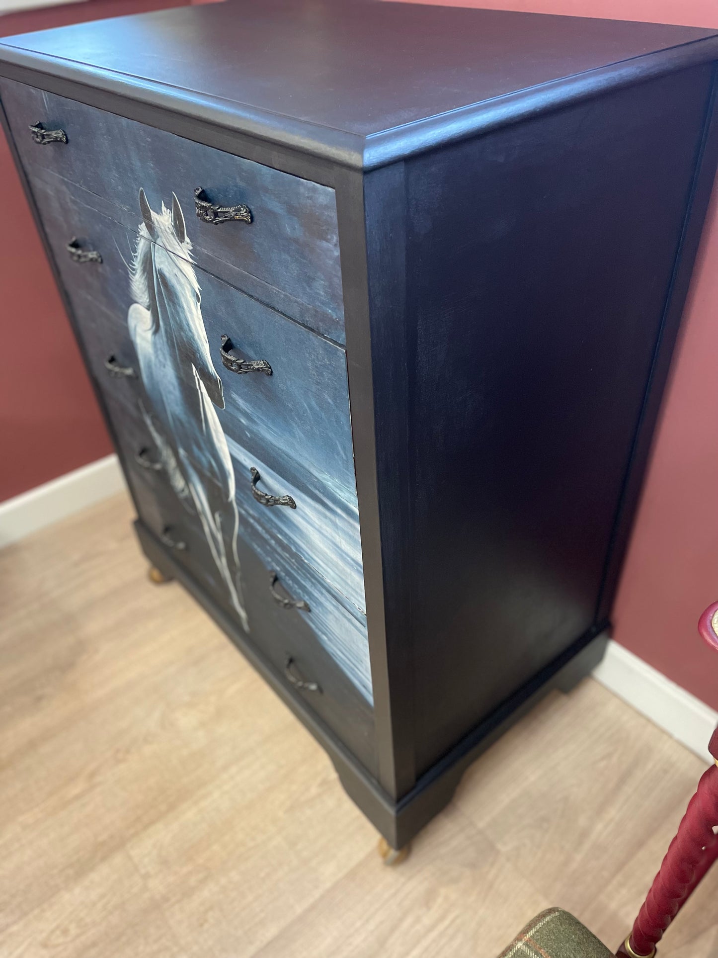 Upcycled Chest of Drawers, Black with White Horse Design