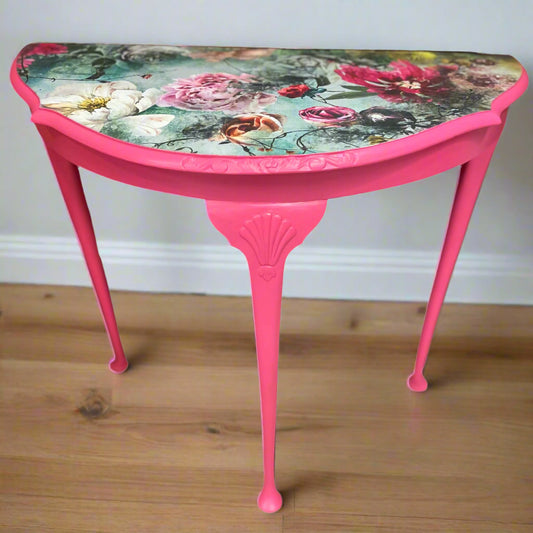 Upcycled Half Moon Table Hot Pink Floral