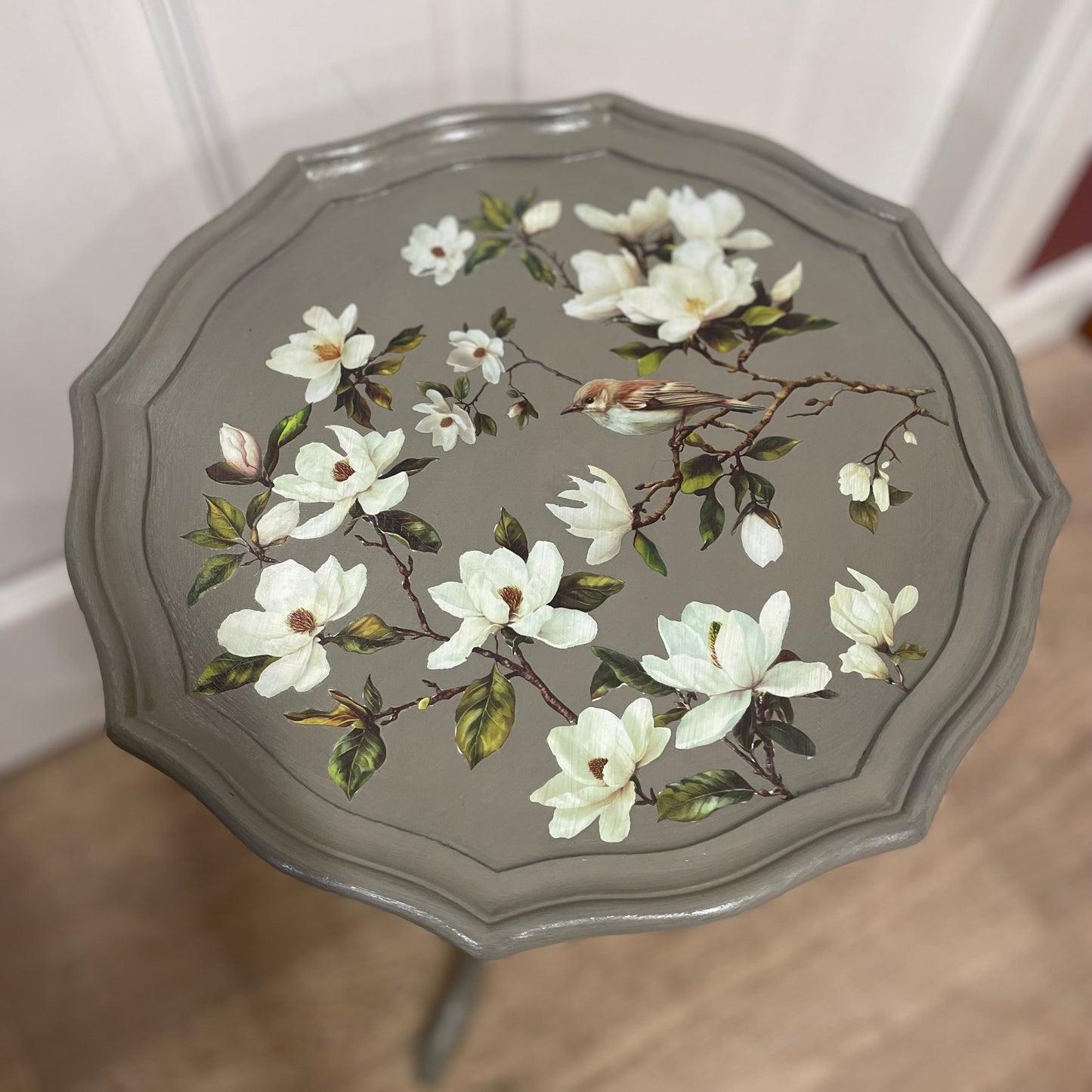 Upcycled Vintage Pedestal Table with Blossom and Bird Design