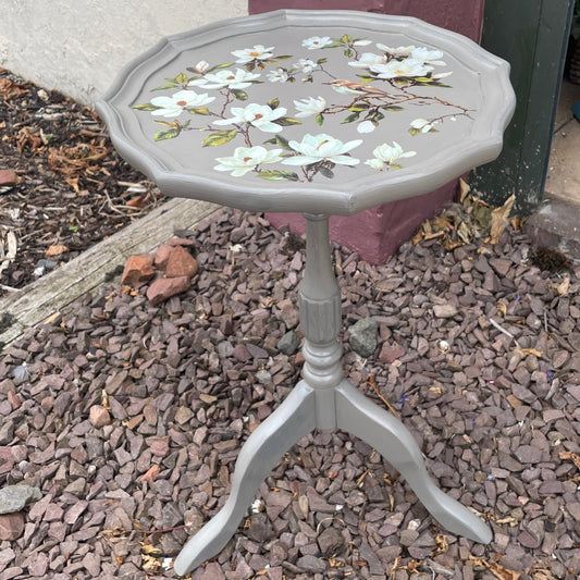 Upcycled Vintage Pedestal Table with Blossom and Bird Design