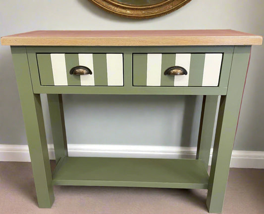 Upcycled Oak Console Table Olive Green and Cream Stripes