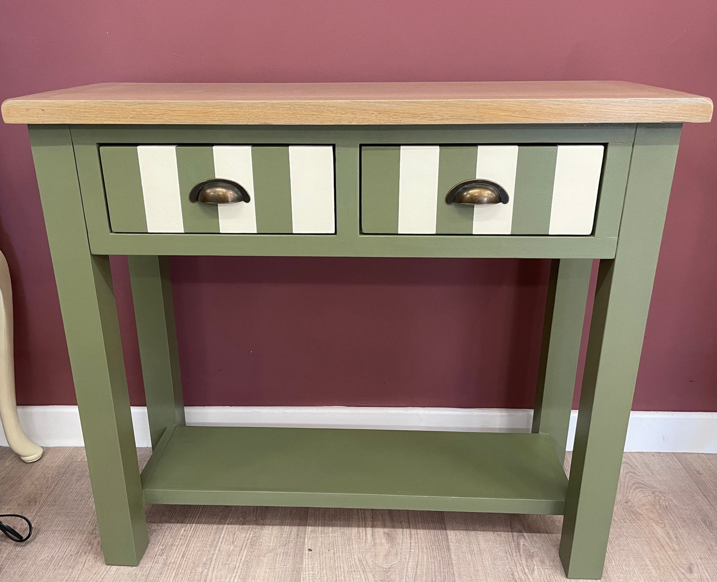 Upcycled Oak Console Table Olive Green and Cream Stripes