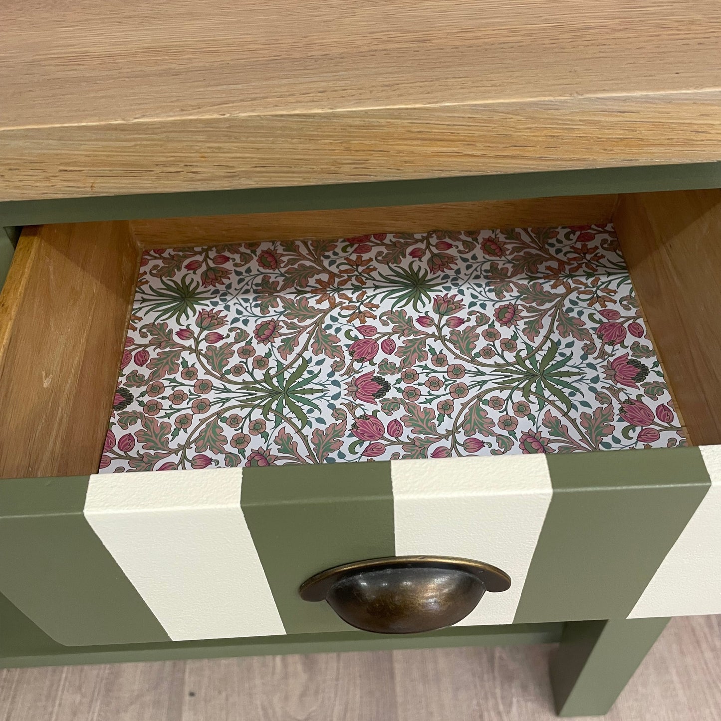 Upcycled Oak Console Table Olive Green and Cream Stripes