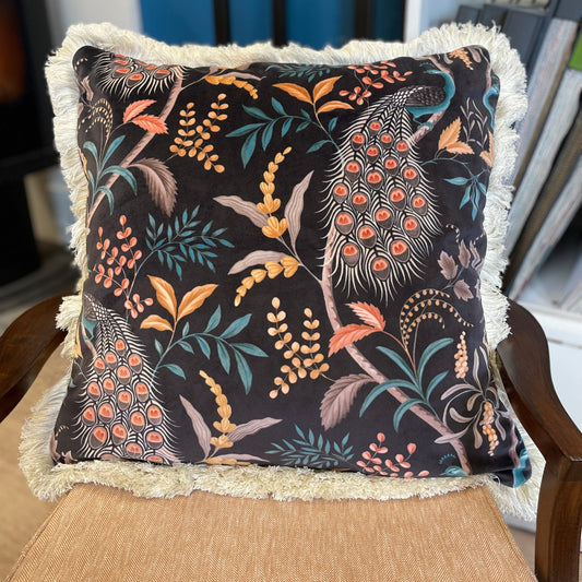 Raspberry Leaf Interiors 22",55cm Parvani Onyx Black Velvet Peacock Square Cushion