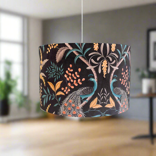 Handmade Lampshade, 40cm Drum, Parvani Onyx Fabric Black Velvet Peacock Shade