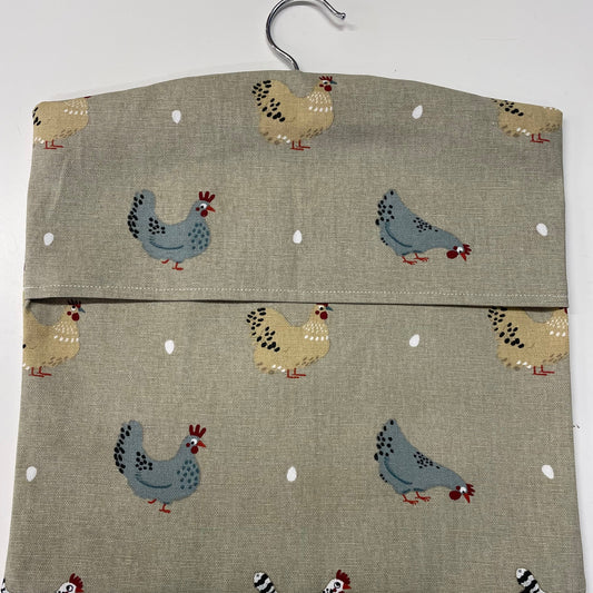 Raspberry Leaf Interiors Handmade Fabric Peg Bag Sophie Allport Chicken Lay a Little Egg