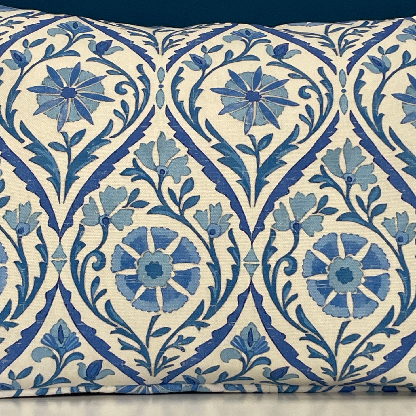 Raspberry Leaf Interiors Cushion Suhani Batik, 14" x 20", 35cm x 50cm, White and Blue Floral Print