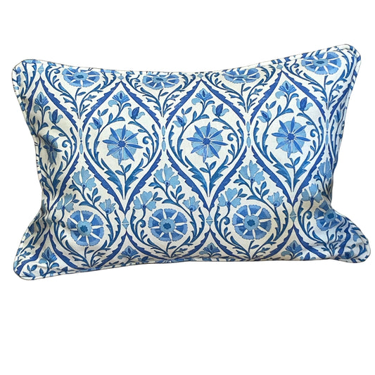 Raspberry Leaf Interiors Cushion Suhani Batik, 14" x 20", 35cm x 50cm, White and Blue Floral Print