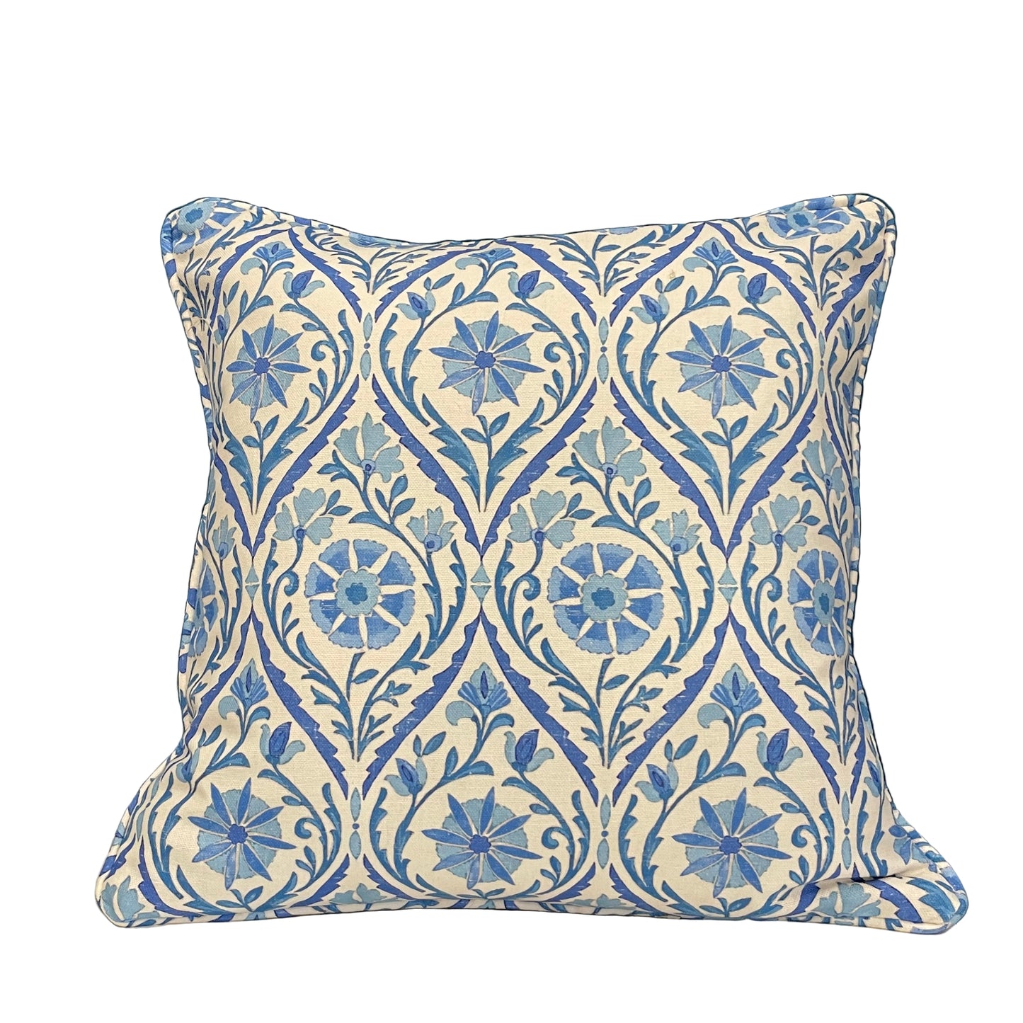 Raspberry Leaf Interiors Cushion, Suhani Batik, 17" Square (43cm), White and Blue Floral Print
