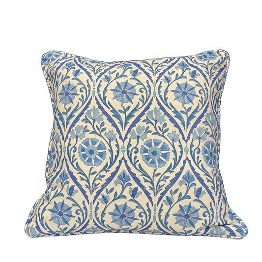 Raspberry Leaf Interiors Cushion, Suhani Batik, 17" Square (43cm), White and Blue Floral Print