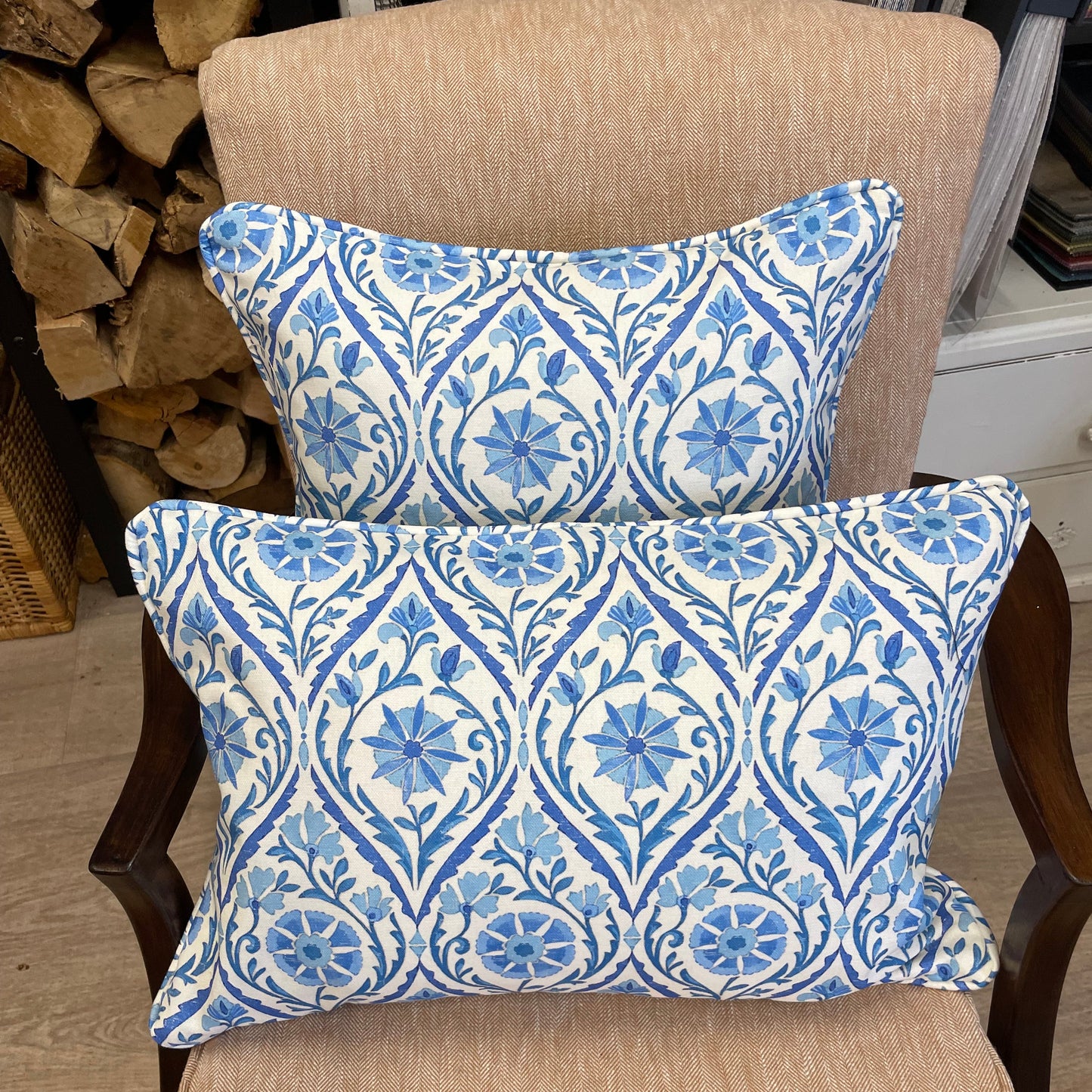Raspberry Leaf Interiors Cushion, Suhani Batik, 17" Square (43cm), White and Blue Floral Print