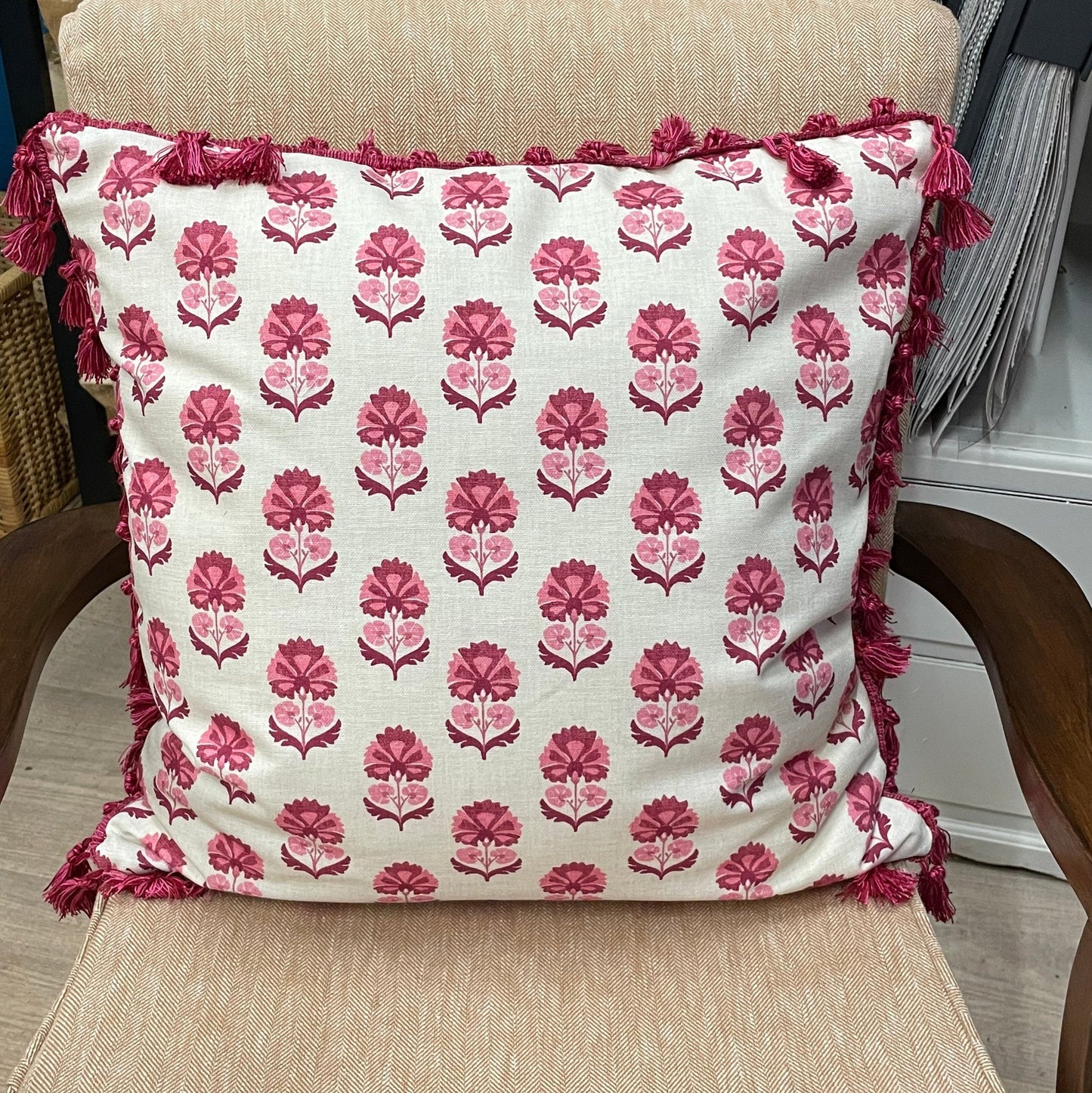 Raspberry Leaf Interiors Cushion Shani Carmine 19", 48cm Block Print