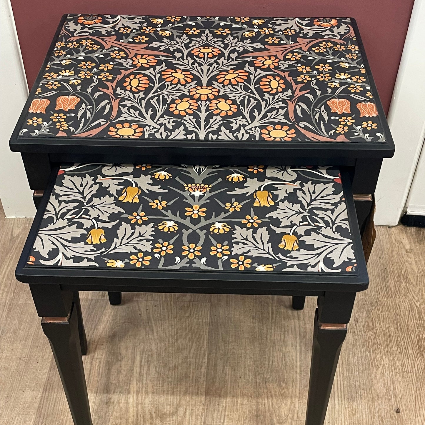 Upcycled Nest of Tables Black William Morris Blackthorn Paper