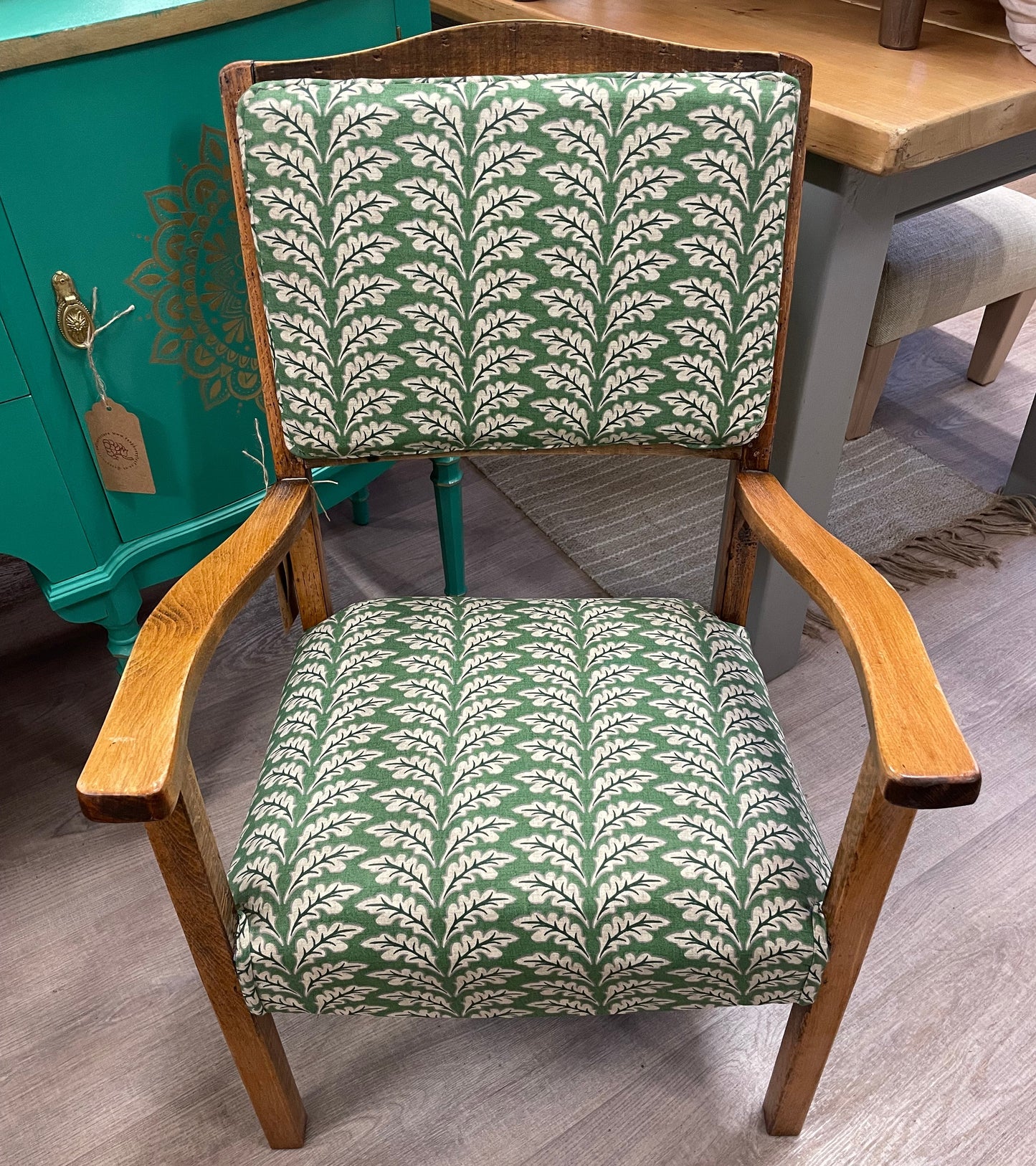 Mid Century Wooden Chair Green Leaf Pattern