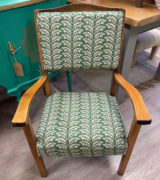 Mid Century Wooden Chair Green Leaf Pattern