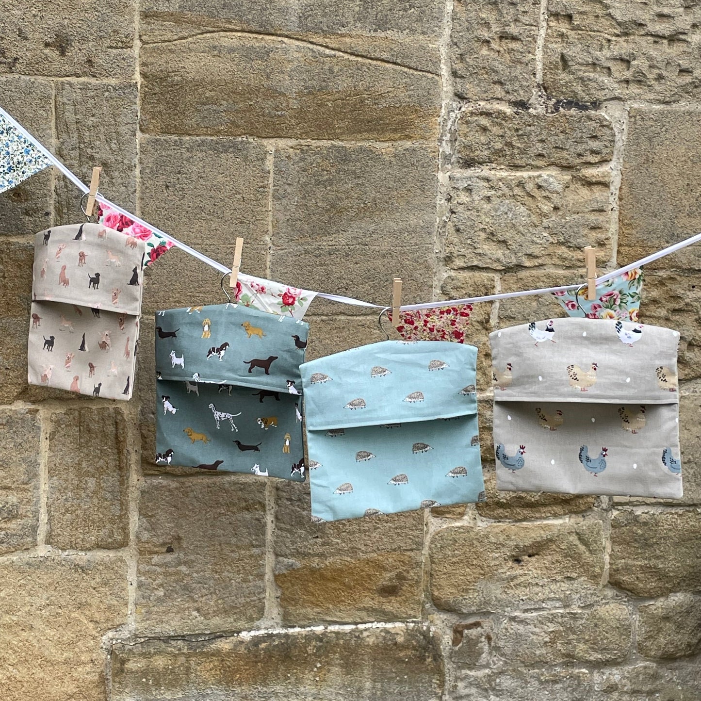 Raspberry Leaf Interiors Handmade Fabric Peg Bag Sophie Allport Hedgehog Blue