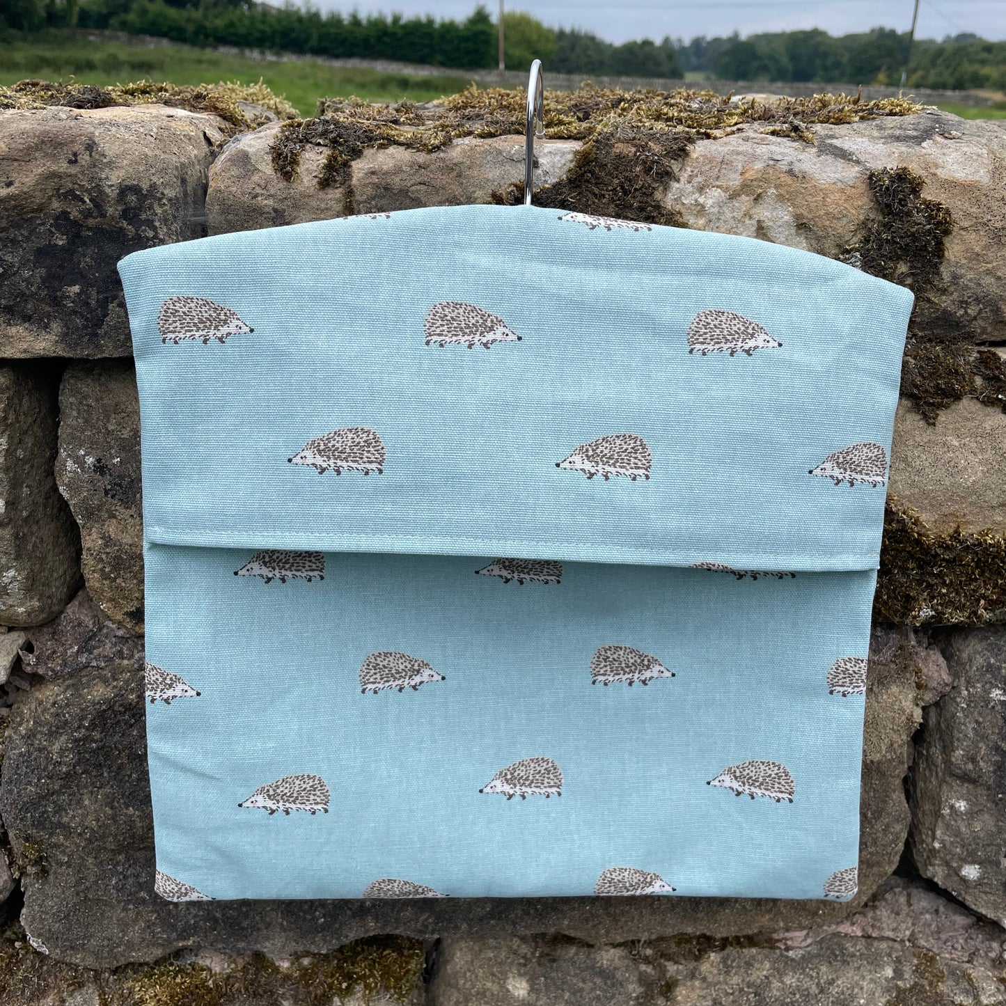 Raspberry Leaf Interiors Handmade Fabric Peg Bag Sophie Allport Hedgehog Blue