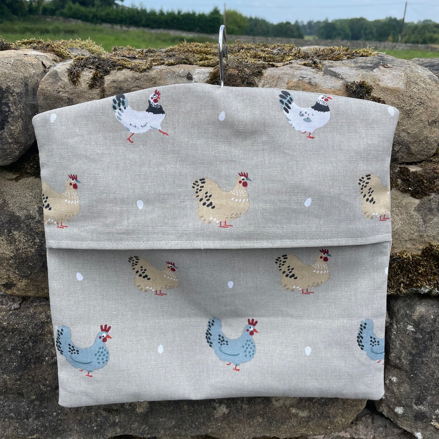 Raspberry Leaf Interiors Handmade Fabric Peg Bag Sophie Allport Chicken Lay a Little Egg