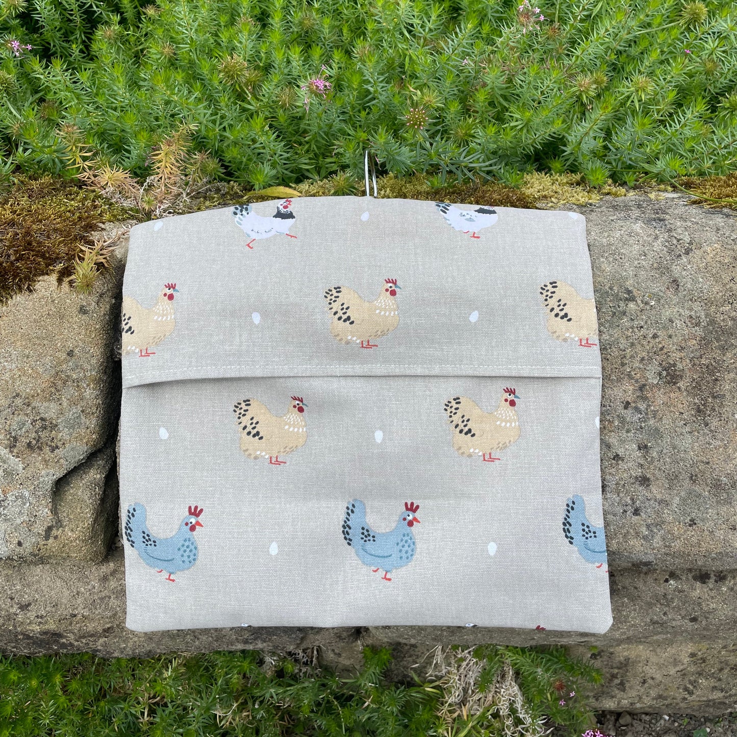 Raspberry Leaf Interiors Handmade Fabric Peg Bag Sophie Allport Chicken Lay a Little Egg