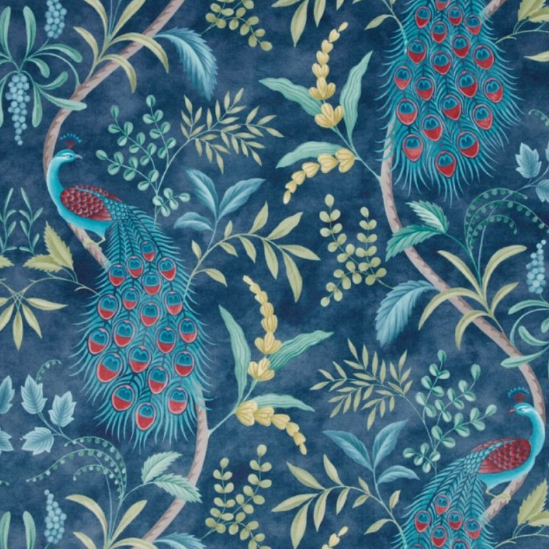 A repeating botanical and peacock pattern on a dark navy background, featuring teal peacocks, blue leaves, yellow-green foliage, and red eye-like details.