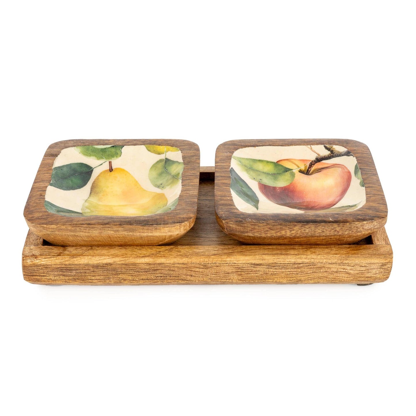 Mango Wood Square Dipping Bowls on Tray - apples and pears set of two