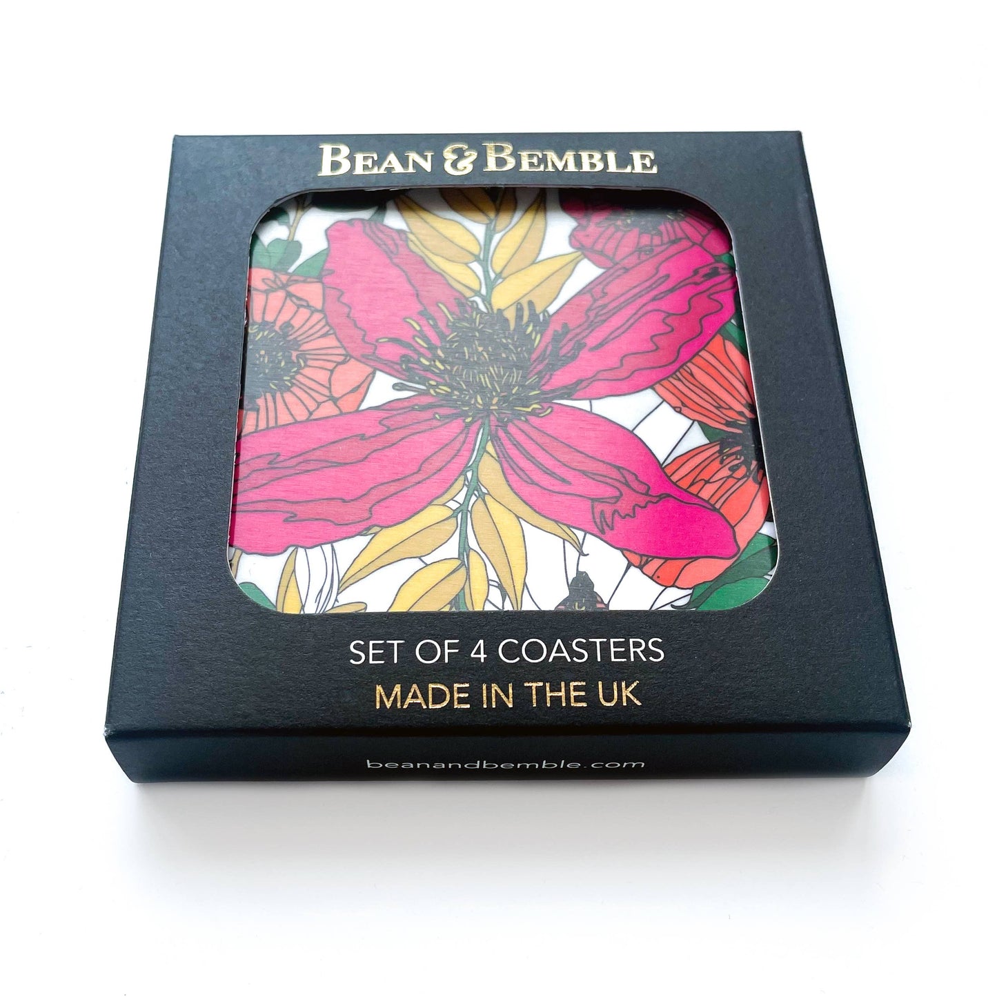 Bean and Bemble Coasters Box Set Round Melamine Wood Vivid Garden Blooms Floral