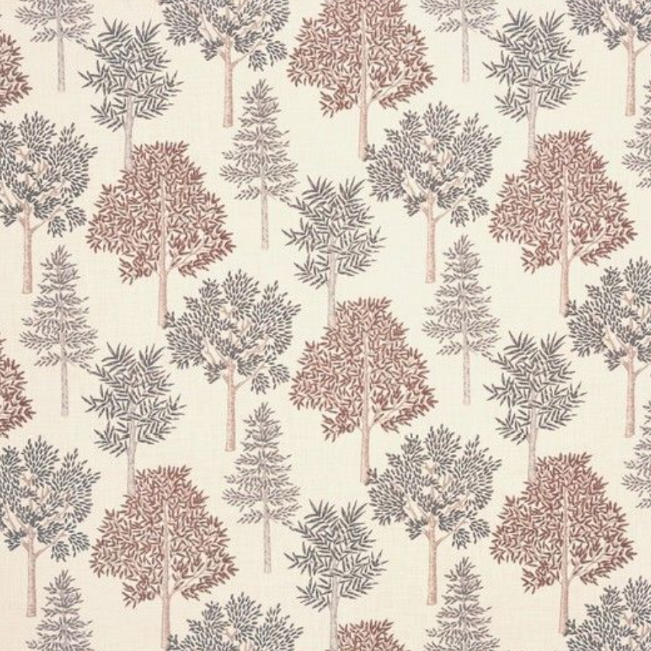 A repeating pattern of stylized trees in muted brown, gray, and beige tones on an off-white background.