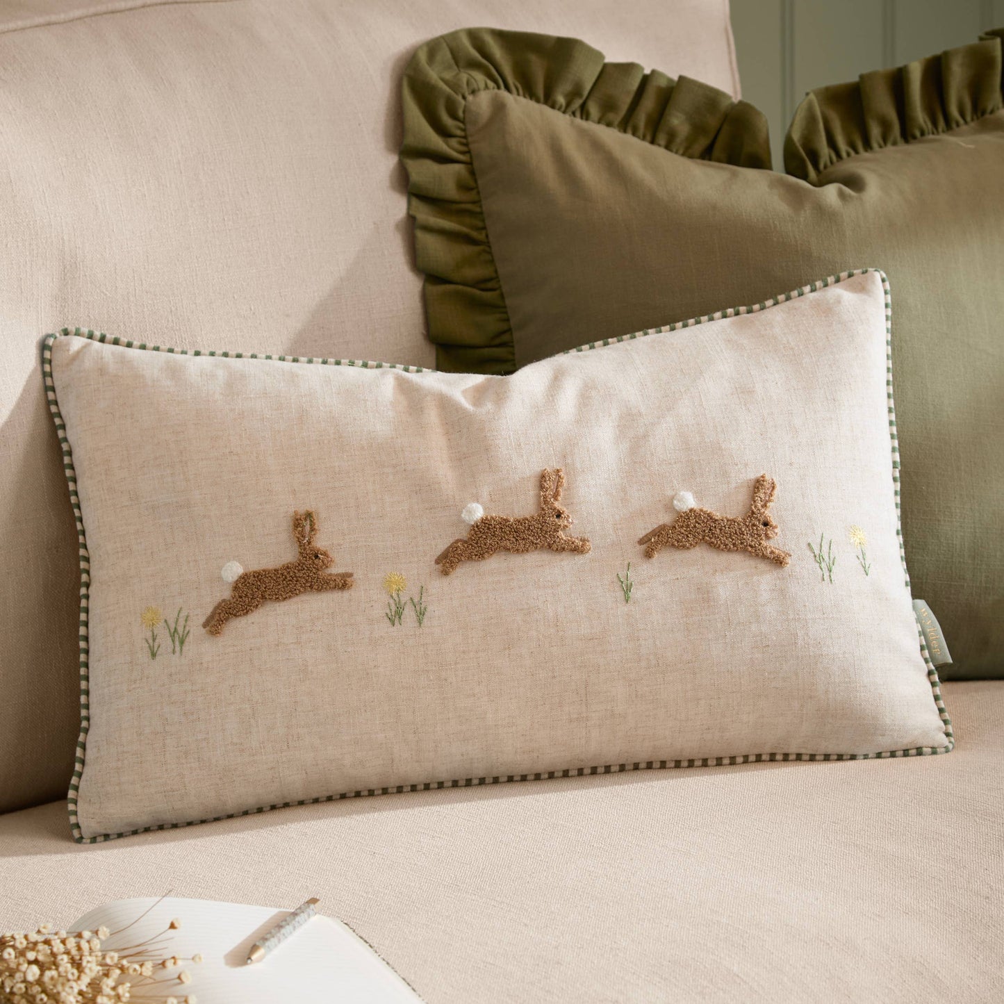 Ramble Hares Tufted Cushion Sage: Sage 30cm x 50cm