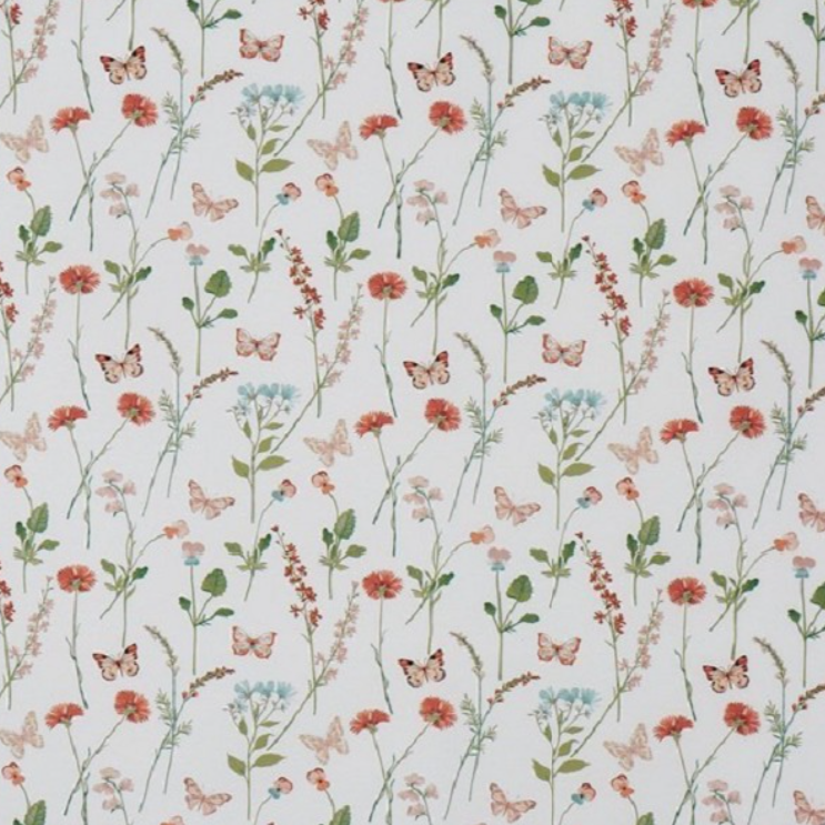 A close-up of a fabric or wallpaper pattern featuring delicate watercolor-style wildflowers, butterflies, and small birds on a light off-white background.