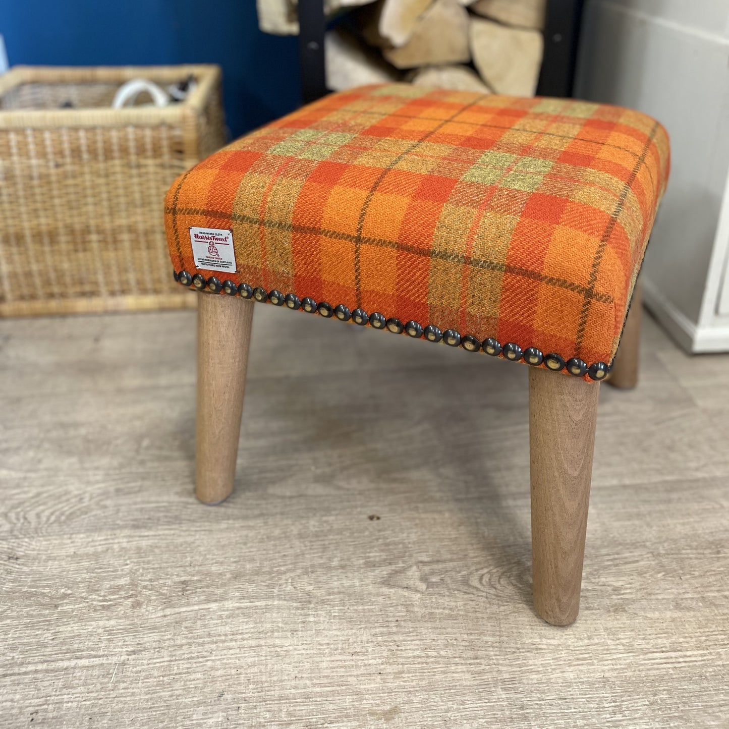 Handcrafted Footstool, Harris Tweed Orange Check Fabric, Beech Wood Legs