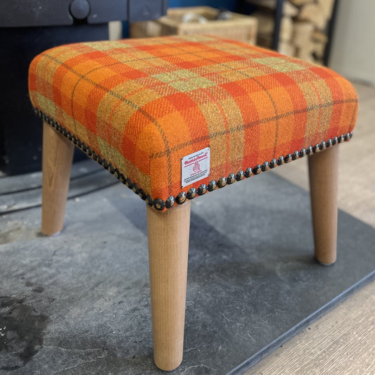 Handcrafted Footstool, Harris Tweed Orange Check Fabric, Beech Wood Legs