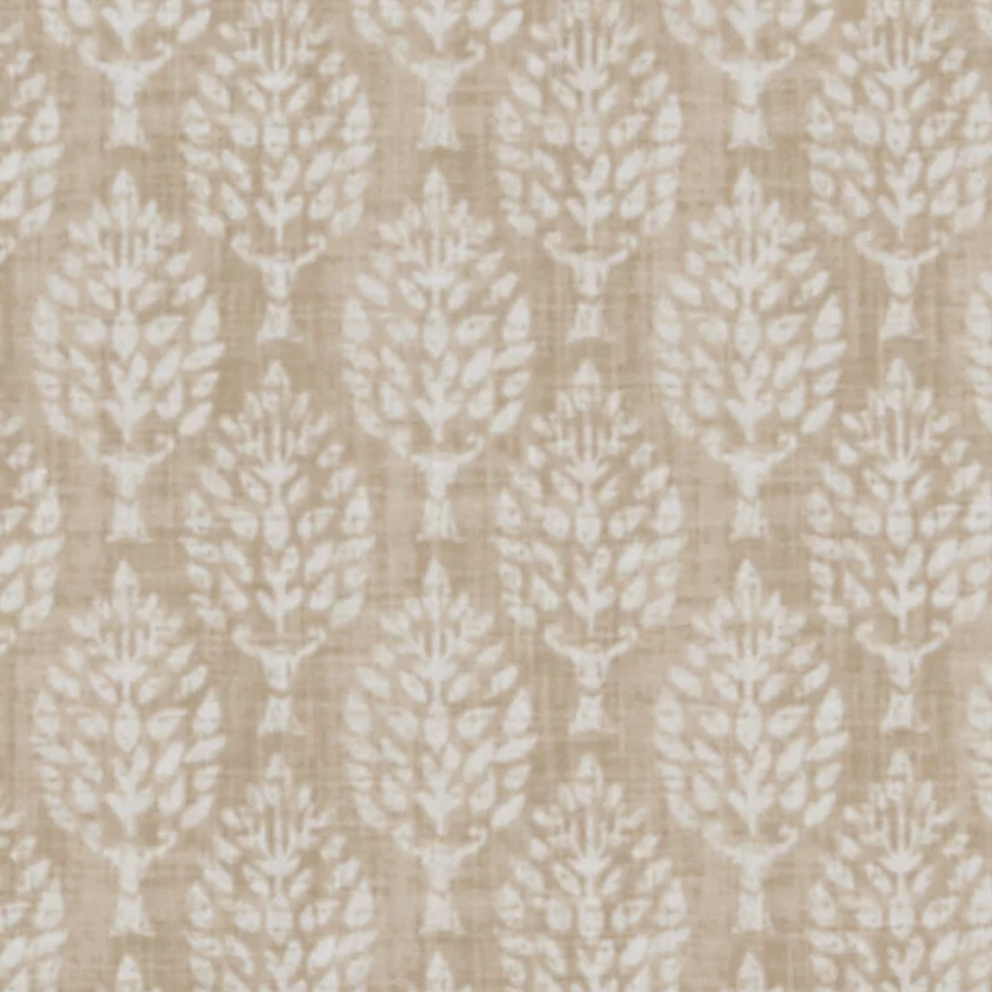 Beige and off-white fabric with a repeating ikat-style leaf or tree motif.
