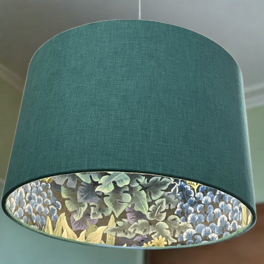 Raspberry Leaf Interiors Handmade Lampshade, 40cm Drum Oslo Kingfisher and Garden Wall Aruba