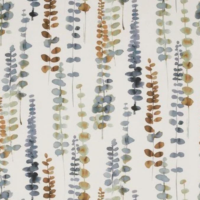 Watercolor eucalyptus leaf pattern on a cream background, featuring vertical stems in muted blue-gray, sage green, ochre brown, and terracotta.
