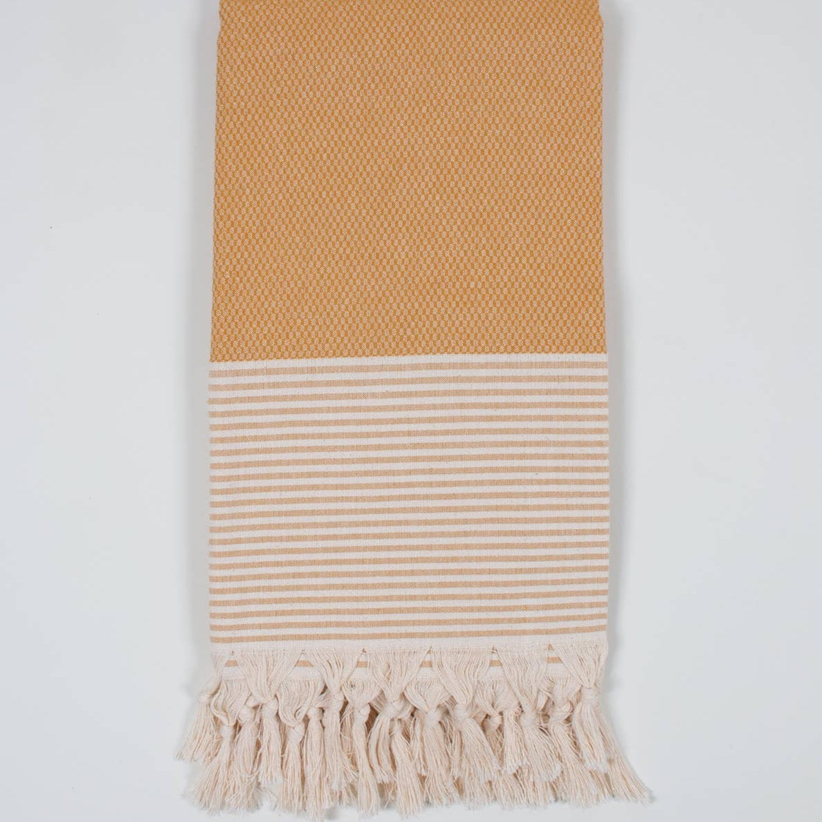 Bohemia design mustard yellow stripy cotton Turkish hammer towel with tassel fringing 