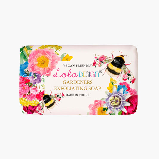 Lola designs peach and pink grapefruit exfoliating gardeners hand wash soap bar with flowers and bee illustrations on paper packaging